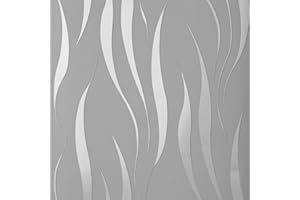 Baketron Grey Wallpaper Non-Woven 3D Embossed Wallpaper Silver Glitter Wave Stripes Wall Paper Roll Feature Wave Stripe Modern Geometric Patterned for Living Room Bedroom Kitchen Hallway