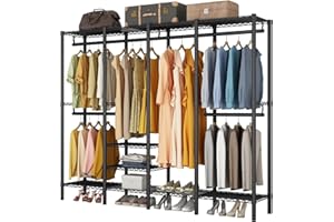 KZOBYD Kleiderständer, Garderobenständer mit 6 Höhenverstellbaren Regalböden, Kleiderstange mit 4 Hängefächer, viel Platz, für Schlafzimmer, Wohnzimmer (Schwarz)