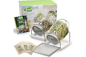 Green SEEDS® Oryginalny zestaw 2 słoików na kiełki + sito + 3 x nasiona – 1000 ml z wysokiej jakości pokrywą z siatki ze stali nierdzewnej, stojakiem, miską ceramiczną + ABC [wersja drukowa]