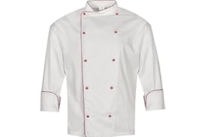 BWOLF Biko Nobu Kochjacke Unisex Kochbekleidung Professionelle Hotel Uniform mit Langen Ärmeln und kontrastierenden roten Knöpfen, Kochjacke für Herren & Damen – Weiß/Schwarz