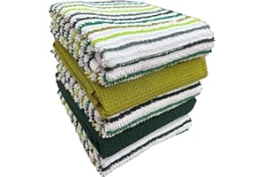 Olivia Rocco 5 Pack Striped Kitchen Tea Towels Cotton Super Absorbent Quick Drying Soft Ribbed Waffle Pot Towel, Green