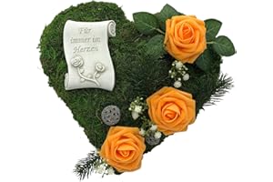 ‎RADAMI Radami Grabgesteck Grabschmuck Grabaufleger Moosherz Grabherz Trauerherz Grab Herz Gesteck Rosen mit Schriftrolle Für Immer im Herzen (Rosen Orange)
