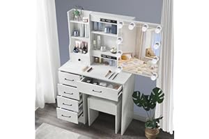 Saimeihome Dressing Table with Mirror and Stool, White Vanity Desk with Hollywood Mirror-3 Color and Brightness Adjustable, Makeup Vanity Table with 6 Drawers for Girls