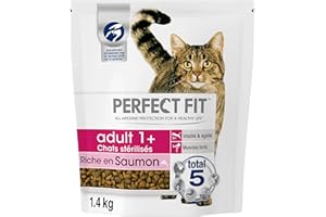 PERFECT FIT Croquettes pour Chat Adulte Stérilisé Riches en Saumon - Lot de 5 Sacs de 1,4kg - Nourriture Complète & Equilibrée, pour le Maintien de la Vitalité et de l'Agilité