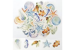 NICECONE 46 Pcs Watercolor Ocean Scrapbooking Stickers, Small Sea Shell Starfish Seahorse Marine Life Stickers for DIY Art Crafts Decoration,Journal,Envelope,Phone Case,Water Bottles,Laptops