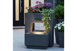 ‎ARNUSA Gartenbrunnen mit Beleuchtung bepflanzbar Betonoptik 57 cm Springbrunnen Wasserspiel warmweiß Kaskade Wasserfall