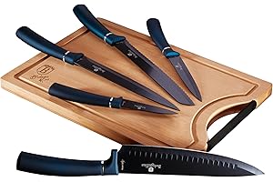 Berlinger Haus Aquamarine Juego 5 Cuchillos Cocina Profesional Tabla Cortar Bambú, Hoja Acero Inoxidable Recubrimiento Antiadherente, Cocinero, Cebollero, Pan, Rebanador, Pelar, Diseño Metallic Line