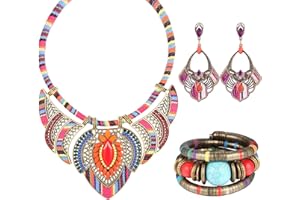 Kakonia 3Pcs African Ethnic Jewellery Set for Women Earrings Native American Bohemian Style Tribal Necklace Bracelet Statement Beaded Choker Costume Boho Vintage Dangle Jewellery