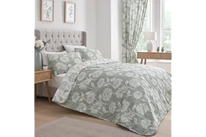 Dreams & Drapes - Green Chrysanthemum Bedspread (230cm X 200cm) - Soft Touch - Reversible Design (2 Colours) - Floral Quilted Bedspreads in Sage - Green Vintage Flower Bedding - Green Quilt Cover