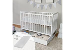 ‎KIDS COLLECTIVE Kids Collective Babybett mit Matratze und Schublade Kinderbett Gitterbett Beistellbett Baby Kinder Kleinkind 60x120 komplett Set höhenverstellbar & herausnehmbare Sprossen | Weiss Holz Junge Mädchen