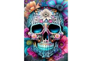 QINRUBB 5D Squelette Peinture Diamant Painting Kit, DIY Crâne Fleurs Art du Diamant Complet Kits, Horreur Diamond Art Strass Point de Croix Painting pour Adultes Débutants Maison Décor 30X40cm