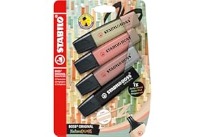STABILO BOSS ORIGINAL NatureCOLORS - Surligneur - Blister carton x 4 surligneurs - vert tilleul, orange rouille, marron glacé, noir - 1 marqueur noir inclus