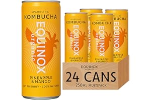 Equinox Kombucha Pineapple & Mango (24 x 250ml) | Brewed in UK with SCOBY, Green Tea & Raw Cane Sugar | Sparkling Live Cultured Probiotic Drink for Gut Health | No Sweeteners & 100% Natural