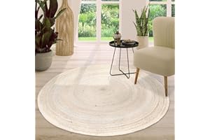 TT Home Tappeto Fibra Naturale Juta Soggiorno Rotondo Etnico Boho Fatto A Mano Bordura, Colore:Bianco, Dimensione:80 cm Rund