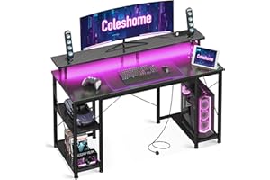 Coleshome Gaming Desk with LED Lights, 120x50 cm Computer desk with Power Outlets, Gaming PC Table with Monitor Stand, Storage Shelves, CPU Stand, Carbon Fiber Black
