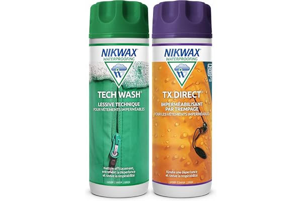 Pack duo NIKWAX TECH WASH et TX.Direct, Nettoyant et Imperméabilisant techniques pour vêtements imperméables, Nettoient, Imperméabilisent, Revitalisent la respirabilité, 2 x 300ml