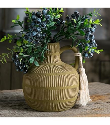 Mowtanco Rustieke boerderijvaas met handvat, verticale strepen terracotta vaas klei vaas - keramische bloemenvaas voor vintage woondecoratie, plankdecoratie, tafeldecoratie, boekenplank, mantel