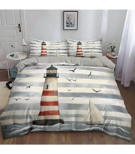 XCQHZYQ Bettwäsche Set 155x220 Cm - Schiff Leuchtturm Design, 50% Baumwolle 50% Mikrofaser