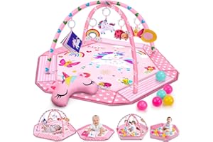 JOLTJIVE Unicorn Baby Play Mat with Moon Pillow | 4 Sensory Toys,1 Self-Discovery Mirror,1 Cognitive Coth Book,12 Balls | Activity Playmat Baby Gym Tummy Time Mat for 0-6 6-12 Months Newborn