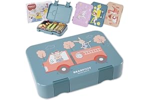 BEARFOOT Brotdose Kinder mit Fächern, BPA frei, Lunchbox, Bento box, Brotbox, Brotdose Mädchen & Jungen, Snackbox mit Trennfächern, Vesperbox für Kindergarten, Schule (Blau - FeuerwehrHasen)