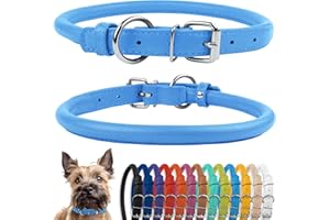 CollarDirect Rolled Leather Dog Collar, Soft Padded Round Puppy Collar, Handmade Genuine Leather Collar Dog Small Large Cat Collars Black Pink Red Purple Blue (Fits 7"-9" Neck, Light Blue)