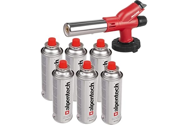 Alpen Camping Gasbrännare Patron Brännare Lågtemperatur 1700 C Piezotändning Lågreglering Blåslampa Gas Tändare Blåslampa För Gaspatroner (Gasbrännare + 6x 400ml Patroner)