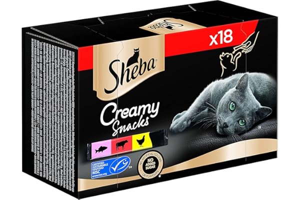 Sheba Snacks pour Chat Creamy Snacks, 18 bâtonnets de friandises Pratiques pour Chat, 18 x 12 g (1 Paquet) – dans Les variétés de Poulet, Saumon (certifié MSC) et bœuf à lécher à la Main