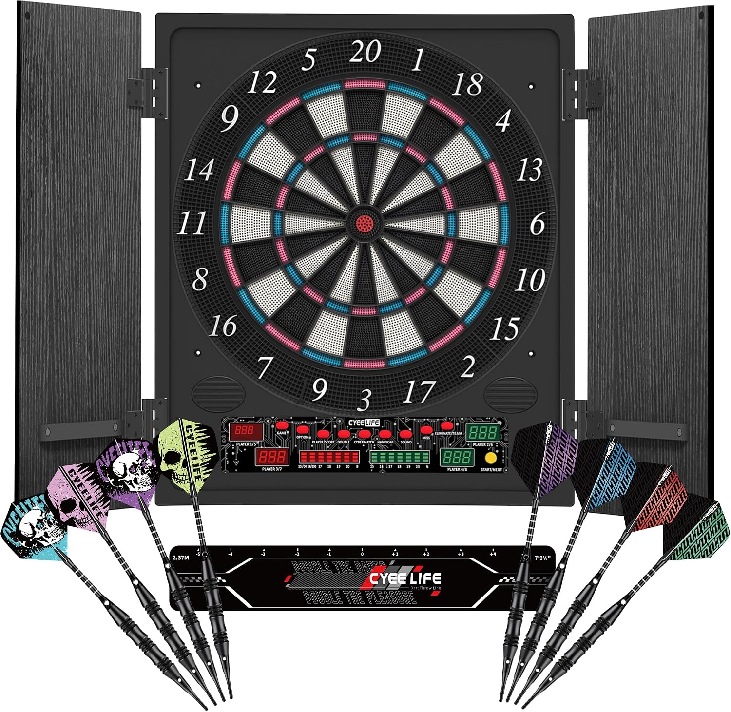 CyeeLife Diana electrónica con gabinete de madera, juego de dardos electrónico, tablero de dardos con 34 juegos y 355 variantes, modo para 8 jugadores, pantalla LED, voz alemana (Noir-2, estándar)