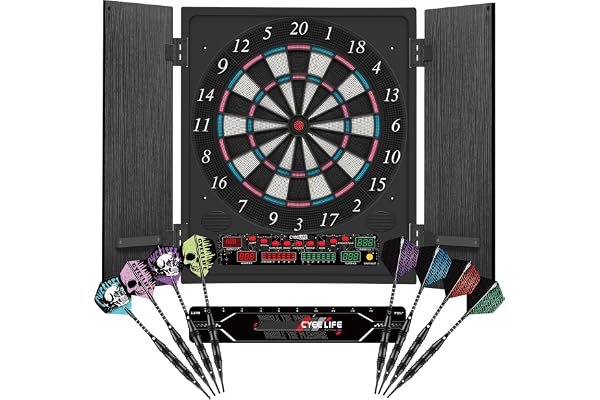 CyeeLife Cible de Fléchettes Électronique avec Meuble en Bois, Machine à Fléchettes Électronique, Cible avec 34 Jeux et 355 Variantes, Mode 8 Joueurs