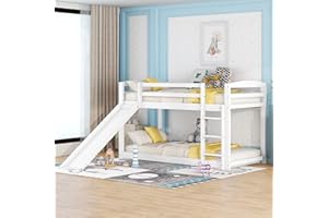 Rtopsu Kinderbett Etagenbett 90x200 cm, Hochbett mit Treppe und Rutsche für 1-2 Kinder, Bett Bettgestell mit Rausfallschutz und Lattenrost aus Holz, Weiß, Ohne Matratze