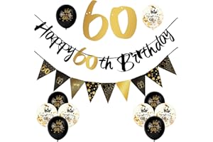 ADXCO 12 Pieces 60th Birthday Decorations Kit Include Black Gold Happy 60th Birthday Banner, Triangle Flag Banner and Confetti Latex Balloons for Party Decoration Birthday Party Supplies