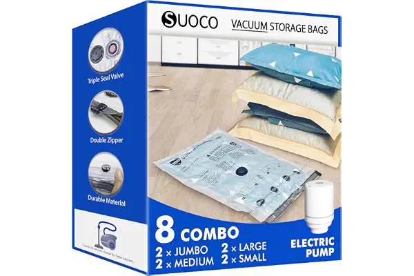 SUOCO bolsas de vacío ropa con bomba eléctrica, 8 conjuntos (2 XL/2 grandes/2 medianas/2 pequeñas), bolsas de almacenaje al vacío para ropa de cama, viaje y mudanza