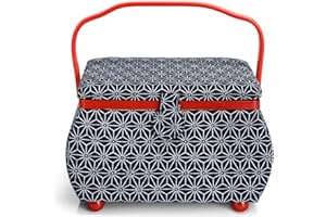 Prym 612031 Nähkorb L Kyoto – Großer Nähkorb mit 7-Fach-Einsatz & Deckel-Innentasche, marineblau mit rotem Griff, Nähzubehörbox mit Baumwollbezug & Stauraum für Kurzwaren, Schwarz