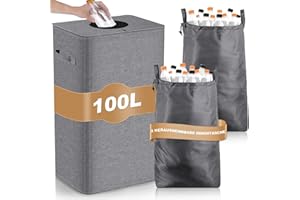 DIDAINT Pfandflaschen Sammelbehälter, 100 L Flaschensammler Leergut mit Deckel & 2 Tragetasche, Pfandflaschen Behälter Pfandbehälter mit Loch, Grau