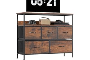 KU Syang 5-Drawer Chest of Drawers with TV Stand | Heavy-Duty Steel Frame & Scratch-Resistant MDF Top | Multi-Functional Storage Unit with Fabric Drawers for Bedroom & Living Room Hallway Rustic Brown