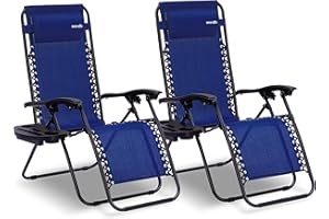 SereneLife Set de 2 Chaises Pliantes - Chaise Longue Réglable pour Extérieur avec Table Latérale, Porte-Gobelets, Oreillers Amovibles - Patio, Jardin, Plage - Bleu