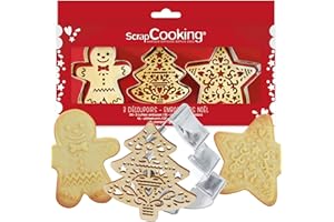 ScrapCooking - 3 Cortadores y Estampadores de Madera «Navidad» - Árbol, Estrella, Hombre de Jengibre - Cortapastas de Acero Inoxidable para Galletas en Relieve - Moldes y Accesorios Repostería - 2110