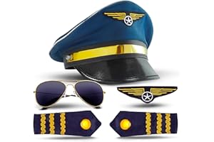TK Gruppe Timo Klingler Kostimheld® zestaw pilotów, kapitan, karnawał, dla mężczyzn – męski kostium z klapkami na ramiona, w paski, kapelusz pilotka, odznaka na kostium pilota