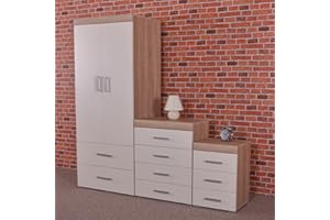 DRP Trading White & Sonoma Oak 3 Piece Bedroom Furniture Set, 3 Drawer Chest, 4 Drawer Chest, 2 Door Wardrobe, Complete Bedroom Ensemble, Ideal for Bedroom Organisation, Room Storage, Elegant Decor