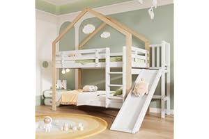Gelukueub łóżko piętrowe ze zjeżdżalnią i drabiną narożną z trzema szczeblami, łóżko z zabezpieczeniem przed upadkiem, łóżko dziecięce, rama z litego drewna, biała+kolor naturalny, 90 x 200 cm (bez