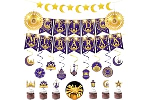 FFZZKJ Eid Decorations Eid Mubarak Decorations with 3M 30LED Fairy Lights, Hanging Swirl, Crescent Moon & Star Banner for Party/Home/Umrah, Purple and Gold