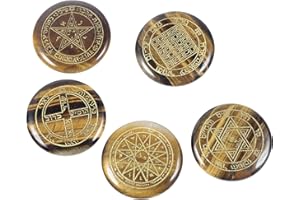 Amogeeli 5 Pièces œil-de-Tigre Rondes Runes Pierres de Guérison avec Symboles Runiques Caractères Cristaux Naturels de Poche pour Reiki, Méditation, Divination