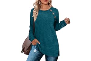 Aokosor Long Sleeve Tops Women Lightweight Jumpers Ladies Button Side Splits Tunic
