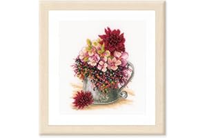 LANARTE Punto Croce Contato Bouquet Rosa Cipria Decorativi Set Fai da Te Creativo Adulti Ricamo Casa Decor Arte da Parete Kit per Hobby Cross Stitch, Multicolor, ca. 19 x 24 cm