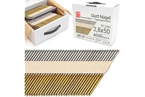 Lun Fix Unghie lisce a 34° 2,8 x 50 mm | Confezione da 4000 pezzi | Unghie a testa D per chiodatrici a batteria | Chiodatrice a gas | legate a carta | per chiodatrici ad aria compressa | non zincate