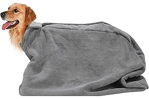 Pethiy Dog Drying Bag -Quickly Removes Water Mud and Dirt - Extra Absorbent Towel Solution with Durable Hook and Loop Neck Strap-Gray-M Plus