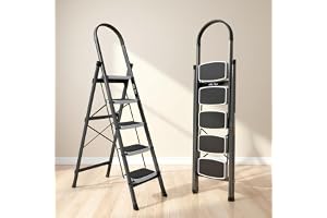 Plantex 5 Step Ladder - Foldable Steel -Wide Anti Skid Steps - 5 Year Manufacturer Warranty(Gray & White)