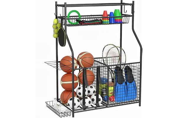 SPORTNOW Rangement d'équipements de sport, organisateur d'équipements de sport pour balles, jouets avec paniers, crochets amovibles, sangles élastiques, pour intérieur et extérieur, école garage, noir