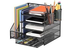 ANYVOYAGE 5 Tier Grid Desktop Organiser with Drawer - Multi-functional office school supplies organiser for files, brushes, magazines, paper, space saving (black)