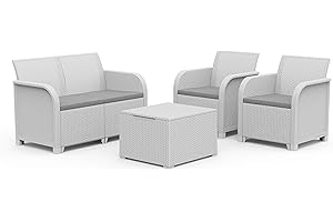 Keter ROSALIE LOUNGE SET con cuscini - Poltrone 65x63x74h Divano 113x65x74h Tavolino contenitore 60x55x39h Bianco
